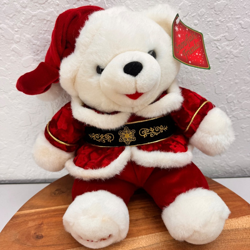 Snowflake Friends 2000 Christmas Santa Bear White Plush Red Velvet 13" NWT